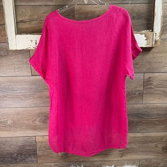 MADE IN ITALY Women’s Linen Sequined Flower Blouse Short Sleeve Size L Floral - Picture 5 of 8